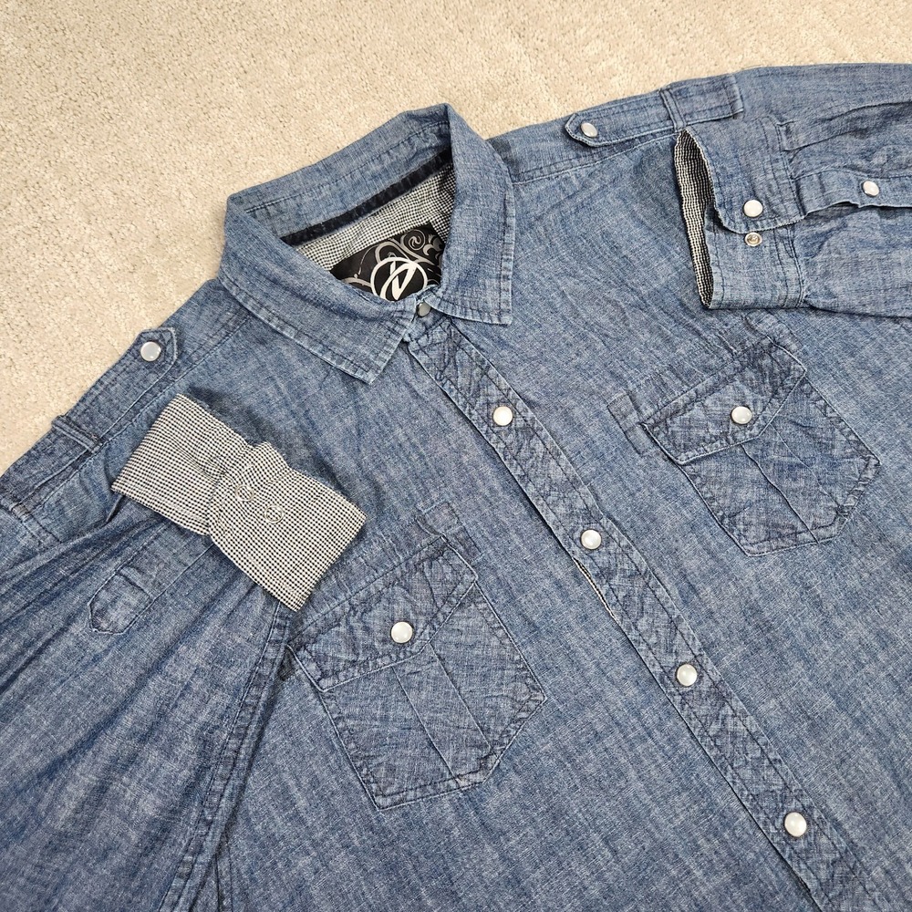 Denim Pearl Snap‎ Shirt Men XL Flip Cuff Western Drill Clothing Cowboy Rodeo